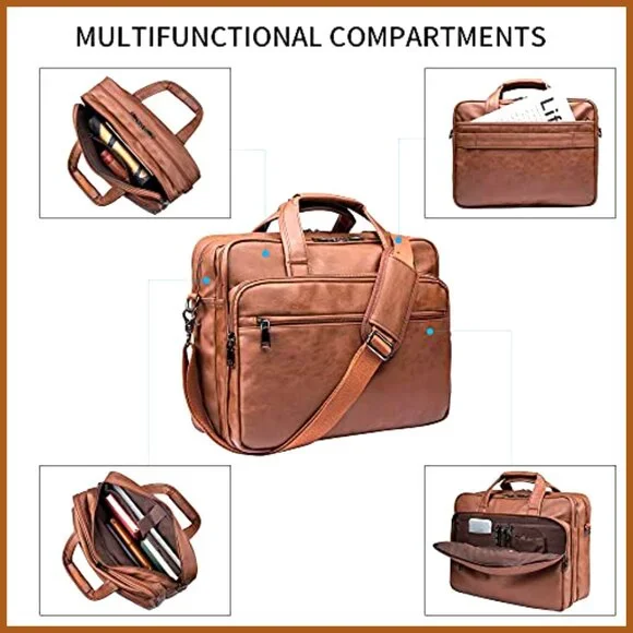 PU Leather Messenger Briefcase, 17.3 Inch Laptop Bag with Multi-Compartment
